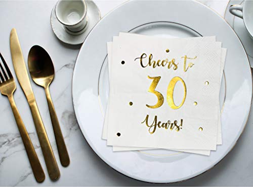 Cheers to 30 Years Cocktail Napkins | Happy 30th Birthday Decorations for Men and Women and Wedding Anniversary Party Decorations | 50-Pack 3-Ply Napkins | 5 x 5 inch folded (White)