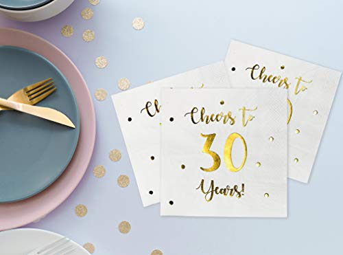 Cheers to 30 Years Cocktail Napkins | Happy 30th Birthday Decorations for Men and Women and Wedding Anniversary Party Decorations | 50-Pack 3-Ply Napkins | 5 x 5 inch folded (White)