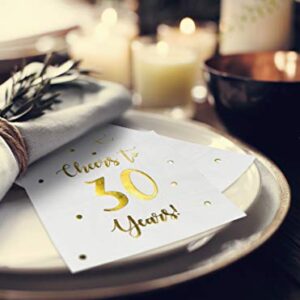 Cheers to 30 Years Cocktail Napkins | Happy 30th Birthday Decorations for Men and Women and Wedding Anniversary Party Decorations | 50-Pack 3-Ply Napkins | 5 x 5 inch folded (White)