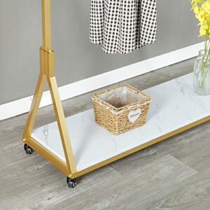 FURVOKIA Modern Simple Heavy Duty Metal Rolling Garment Rack with Wheels,Retail Display Clothing Rack with Wood, Single Rod Floor-Standing Hangers Clothes Shelves (Gold, 47.2 L)