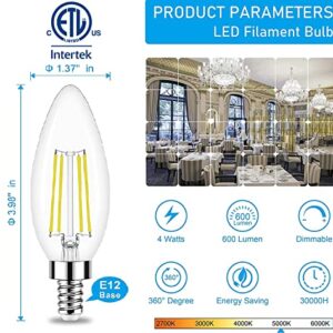 Candelabra LED Bulb, E12 Small Light Bulbs 5000K Daylight Dimmable - 60W Equivalent Ceiling Fan Bulbs Type B Edison Filament Candle Bulbs,Honesorn C35 B11 Clear Glass Chandelier Bulbs 600LM,Pack of 6