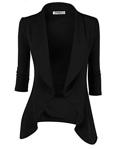 DOUBLJU Womens Lightweight Thin 3/4 Sleeve Open Front Blazer Jacket with Plus Size Black