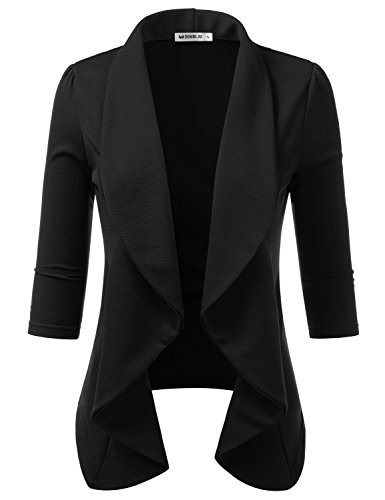 DOUBLJU Womens Lightweight Thin 3/4 Sleeve Open Front Blazer Jacket with Plus Size Black