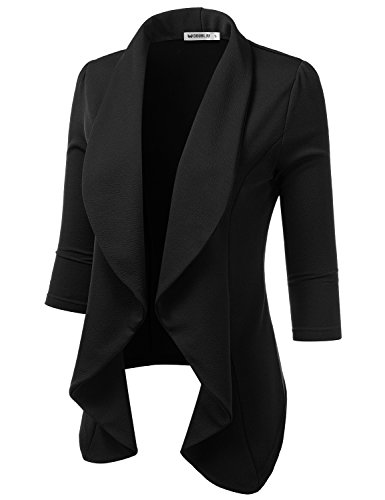 DOUBLJU Womens Lightweight Thin 3/4 Sleeve Open Front Blazer Jacket with Plus Size Black