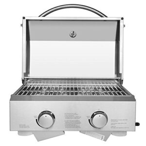 Tabletop Gas Grill 2-Burner Stainless Steel 2-Burner Gas Grill 2 Independently Adjustable Burners Portable Tabletop 20,000 BTU BBQ Grid with Buckles & Foldable Legs for Outdoor Camping Picnic, Silver