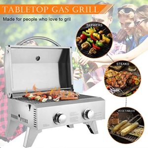Tabletop Gas Grill 2-Burner Stainless Steel 2-Burner Gas Grill 2 Independently Adjustable Burners Portable Tabletop 20,000 BTU BBQ Grid with Buckles & Foldable Legs for Outdoor Camping Picnic, Silver