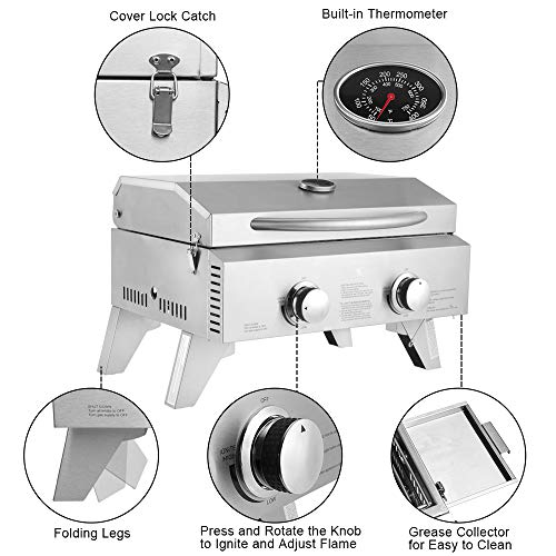 Tabletop Gas Grill 2-Burner Stainless Steel 2-Burner Gas Grill 2 Independently Adjustable Burners Portable Tabletop 20,000 BTU BBQ Grid with Buckles & Foldable Legs for Outdoor Camping Picnic, Silver