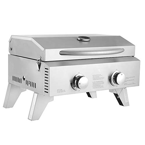 Tabletop Gas Grill 2-Burner Stainless Steel 2-Burner Gas Grill 2 Independently Adjustable Burners Portable Tabletop 20,000 BTU BBQ Grid with Buckles & Foldable Legs for Outdoor Camping Picnic, Silver