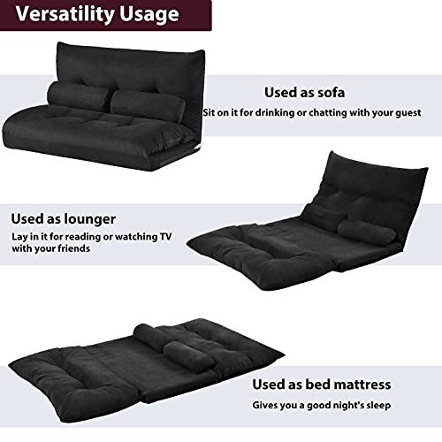 Merax Floor Sofa Bed Adjustable Sleeper Bed Futon Bed Sofa Couches 5-Position Reclining Lazy Sofa with Two Pillows (Ink Black)