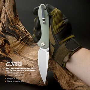 CJRB Folding Knife Feldspar Pocket Stonewash D2 Steel Blade G10 Tactical Handle EDC Knife Green-Large (J1912)