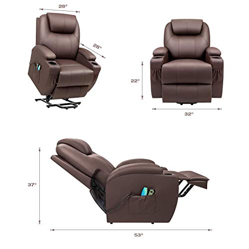 VICTONE Electric Power Lift Recliner Chair PU Leather Sofa Chair for Elderly with Massage and Heat, Side Pockets and Cup Holders (Brown)