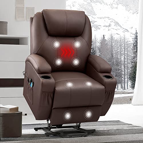 VICTONE Electric Power Lift Recliner Chair PU Leather Sofa Chair for Elderly with Massage and Heat, Side Pockets and Cup Holders (Brown)