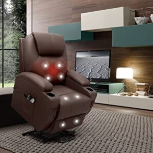 VICTONE Electric Power Lift Recliner Chair PU Leather Sofa Chair for Elderly with Massage and Heat, Side Pockets and Cup Holders (Brown)