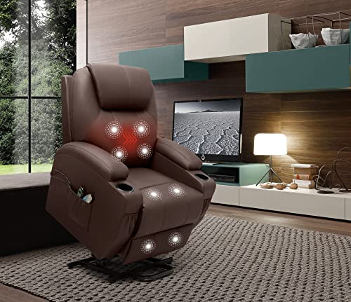 VICTONE Electric Power Lift Recliner Chair PU Leather Sofa Chair for Elderly with Massage and Heat, Side Pockets and Cup Holders (Brown)