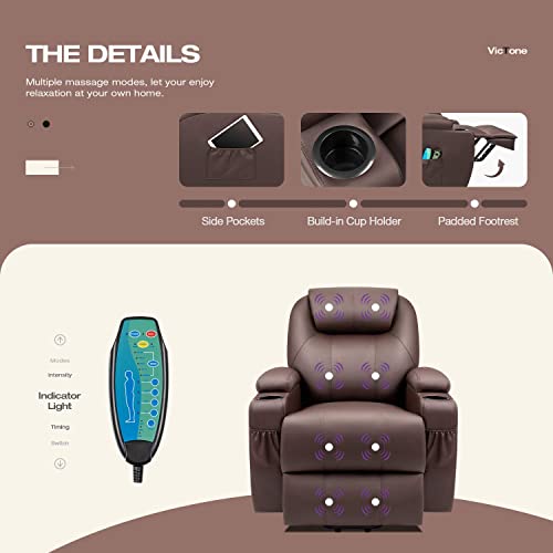 VICTONE Electric Power Lift Recliner Chair PU Leather Sofa Chair for Elderly with Massage and Heat, Side Pockets and Cup Holders (Brown)