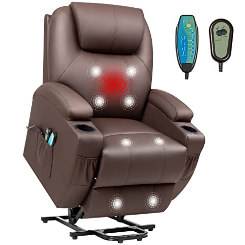 VICTONE Electric Power Lift Recliner Chair PU Leather Sofa Chair for Elderly with Massage and Heat, Side Pockets and Cup Holders (Brown)