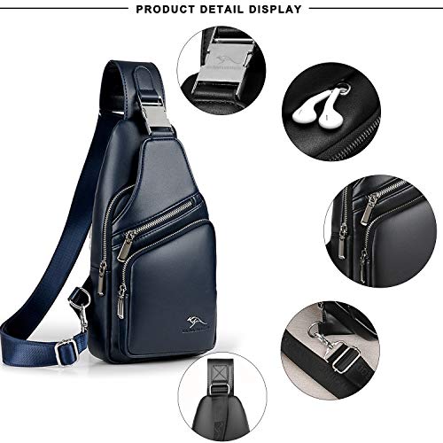 LuckY.Ss Men's Sling Bag PU Leather Waterproof Chest Shoulder Bags Anti-theft Crossbody Backpack Purse with USB Charging Port and Headphone Hole,Small Daypack for Casual Sport Outdoor Travel (Navy 2)
