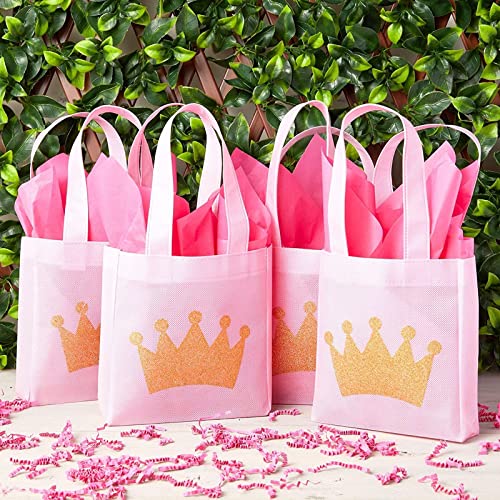 BLUE PANDA 24 Pack Princess-Themed Party Favor Bags for Girls, Pink Canvas Gift Bags for Birthday (6.5 x 7 x 2 in)