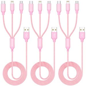multiple charger cable, 3pack 4ft usb charging cable 3 in 1 multi phone charger rapid cord with type c/micro/lightning usb connectors for cell phones and more(pink)