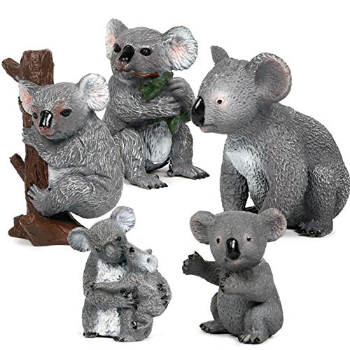 Koala Family Figurine Simulated Koalas Realistic Plastic Wild Animals, Set of 5