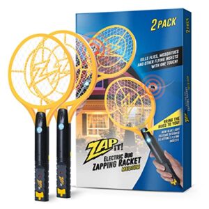 zap it! electric fly swatter racket & mosquito zapper with blue light attractant - high duty 4,000 volt electric bug zapper racket - fly killer usb rechargeable fly zapper indoor safe - 2 pack, yellow