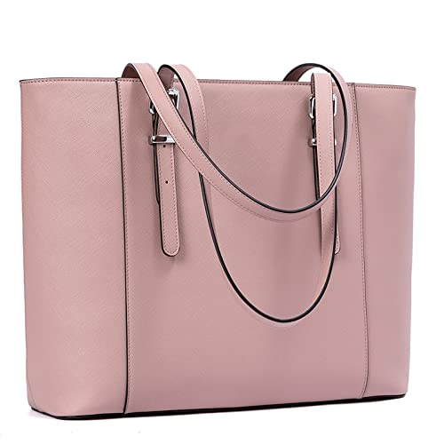 BROMEN Leather Laptop Bag for Women 15.6 inch Computer Office Briefcase Handbag Shoulder Work Tote with Padded Compartment pink