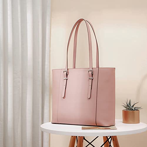 BROMEN Leather Laptop Bag for Women 15.6 inch Computer Office Briefcase Handbag Shoulder Work Tote with Padded Compartment pink