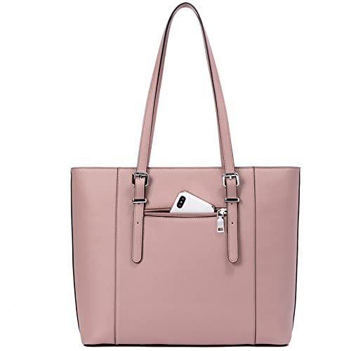 BROMEN Leather Laptop Bag for Women 15.6 inch Computer Office Briefcase Handbag Shoulder Work Tote with Padded Compartment pink