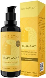 cymbiotika vitamin d3 + k2 + coq10 liquid, vitamin d supplement for immune support, heart health & bone health, energy booster, liposomal delivery, vegan, keto ingredients, tangerine flavor