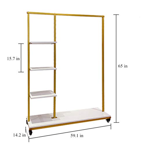 FONECHIN Metal Clothes Garment Racks with 4 Wood Storage Shelves and Hanging Bar Heavy Duty Free Standing Clothing Rack Large Closet Organizer for Boutique 59"