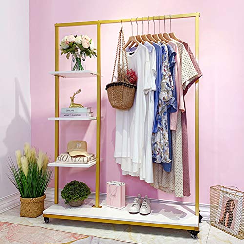 FONECHIN Metal Clothes Garment Racks with 4 Wood Storage Shelves and Hanging Bar Heavy Duty Free Standing Clothing Rack Large Closet Organizer for Boutique 59"