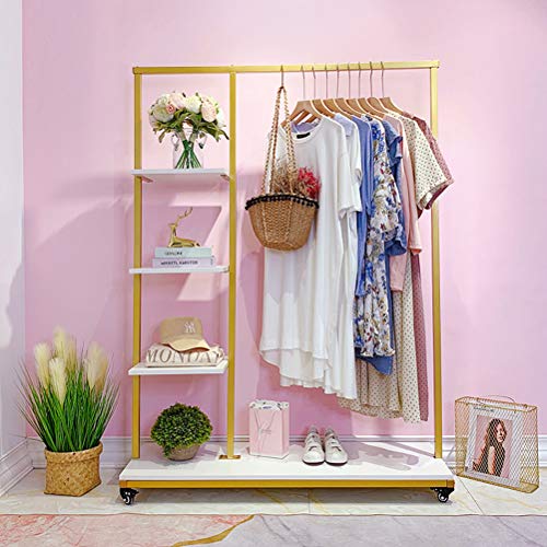 FONECHIN Metal Clothes Garment Racks with 4 Wood Storage Shelves and Hanging Bar Heavy Duty Free Standing Clothing Rack Large Closet Organizer for Boutique 59"