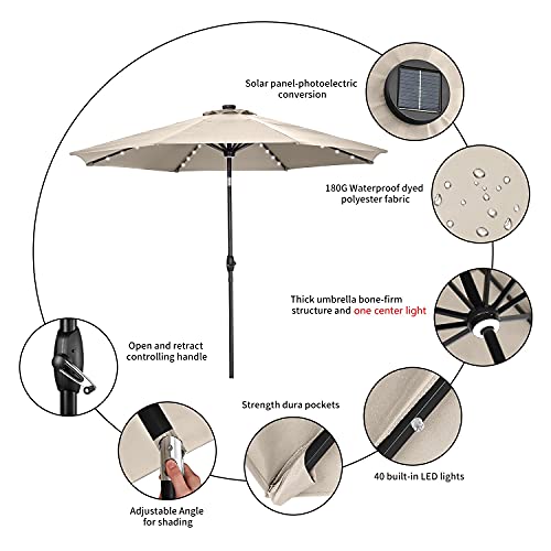 GDY 10Ft Patio Umbrella, Solar Powered 40 LED Lighted Aluminum Outdoor Table Market Umbrella with Tilt and Crank (Khaki)