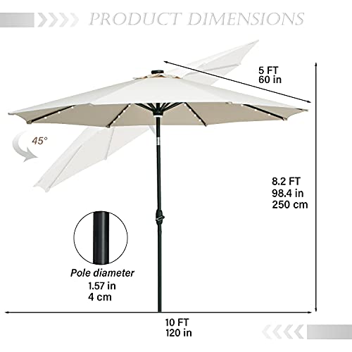 GDY 10Ft Patio Umbrella, Solar Powered 40 LED Lighted Aluminum Outdoor Table Market Umbrella with Tilt and Crank (Khaki)