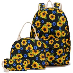 pawsky school backpack for teen girls, water resistant laptop backpack womens bookbag with lunch bag and pencil case, sunflower