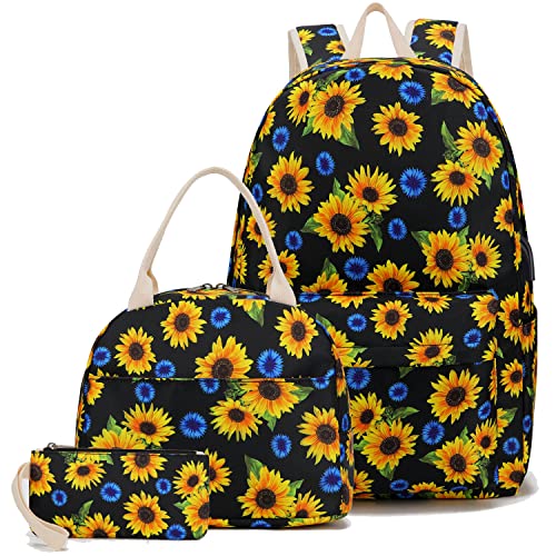 Pawsky School Backpack for Teen Girls, Water Resistant Laptop Backpack Womens Bookbag with Lunch Bag and Pencil Case, Sunflower