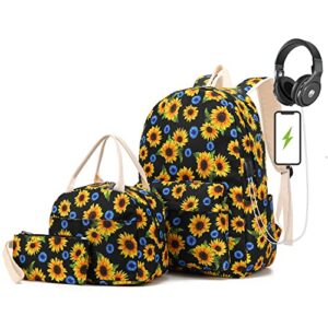 Pawsky School Backpack for Teen Girls, Water Resistant Laptop Backpack Womens Bookbag with Lunch Bag and Pencil Case, Sunflower