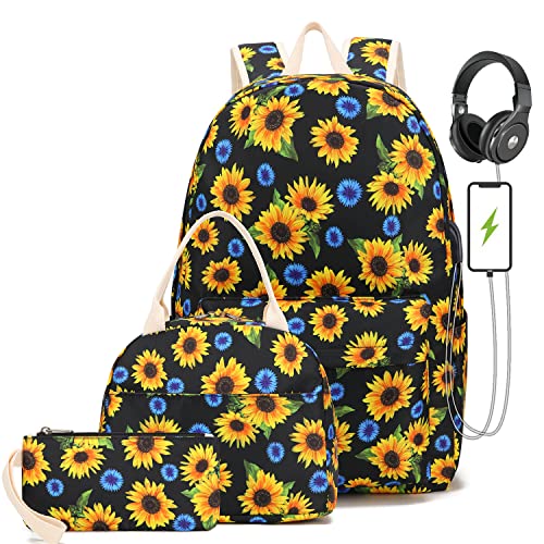 Pawsky School Backpack for Teen Girls, Water Resistant Laptop Backpack Womens Bookbag with Lunch Bag and Pencil Case, Sunflower