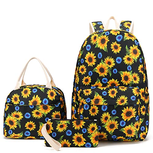 Pawsky School Backpack for Teen Girls, Water Resistant Laptop Backpack Womens Bookbag with Lunch Bag and Pencil Case, Sunflower