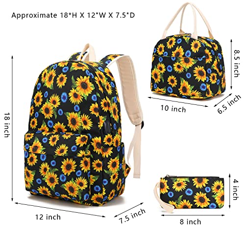 Pawsky School Backpack for Teen Girls, Water Resistant Laptop Backpack Womens Bookbag with Lunch Bag and Pencil Case, Sunflower