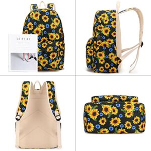 Pawsky School Backpack for Teen Girls, Water Resistant Laptop Backpack Womens Bookbag with Lunch Bag and Pencil Case, Sunflower