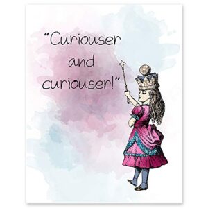 curiouser and curiouser - 11 x 14 unframed alice in wonderland watercolor quote art - perfect as classroom decor, children's bedroom, book lovers