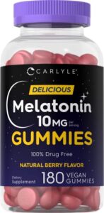 carlyle melatonin gummies 10mg | 180 count | adult drug free aid | natural berry flavor | vegan, non-gmo, gluten free
