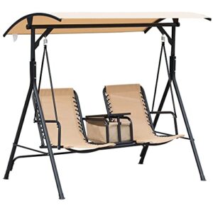 outsunny 2-seat patio swing chair, outdoor canopy swing glider with pivot storage table, cup holder, adjustable shade, bungie seat suspension and weather resistant steel frame, beige