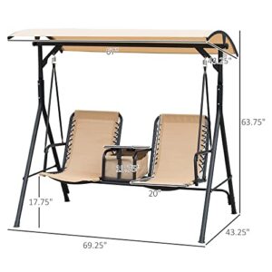 Outsunny 2-Seat Patio Swing Chair, Outdoor Canopy Swing Glider with Pivot Storage Table, Cup Holder, Adjustable Shade, Bungie Seat Suspension and Weather Resistant Steel Frame, Beige