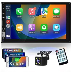 7 inch double din car stereo apple carplay & android auto 1024 * 600 hd touchscreen car radio receiver with mirror link, bluetooth, backup camera, remote, am/fm, usb aux rca