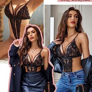 Avidlove teddy lingerie for women One Piece Lingerie Deep V Lace Bodysuit Babydoll Teddy Underwear Black S