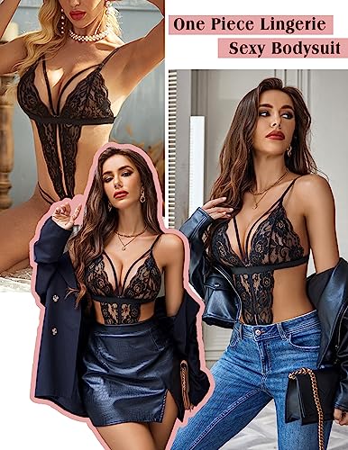 Avidlove teddy lingerie for women One Piece Lingerie Deep V Lace Bodysuit Babydoll Teddy Underwear Black S