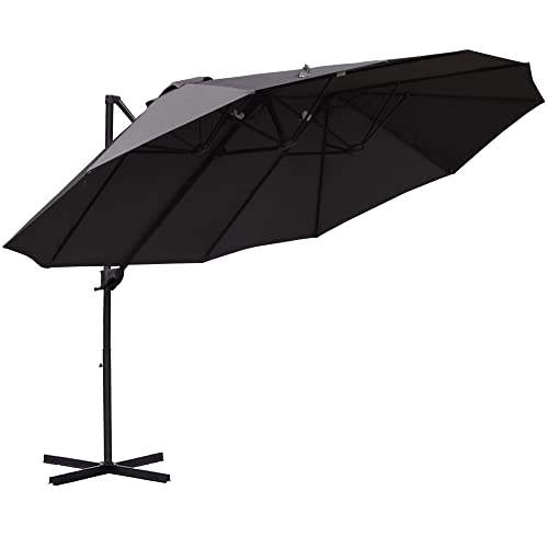 Outsunny 14ft Patio Umbrella Double-Sided Outdoor Market Extra Large Umbrella with Crank, Cross Base for Deck, Lawn, Backyard and Pool, Grey