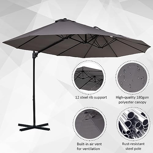 Outsunny 14ft Patio Umbrella Double-Sided Outdoor Market Extra Large Umbrella with Crank, Cross Base for Deck, Lawn, Backyard and Pool, Grey